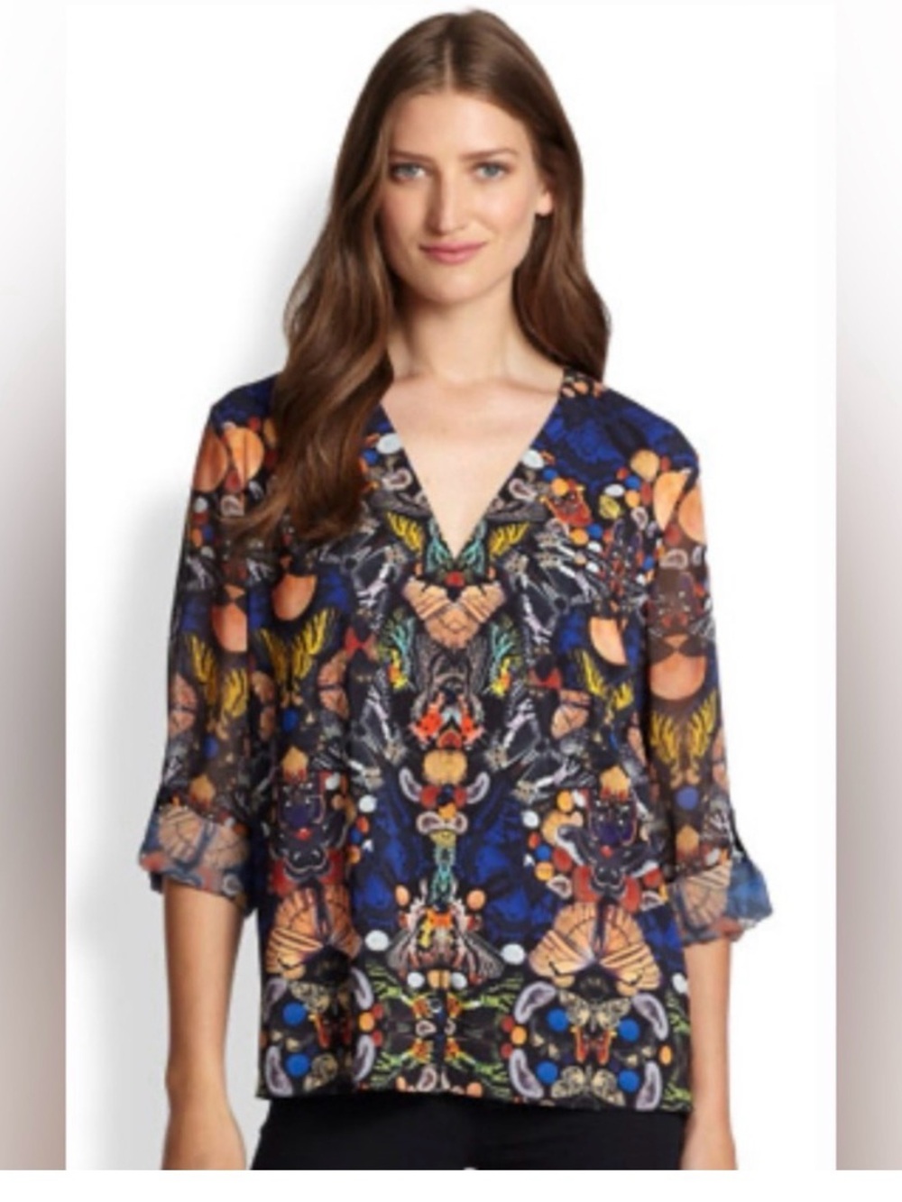 Alice + Olivia Navy Floral-Print V-Neck Blouse